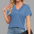thumbnail image 2 of Women's Loose V-Neck Solid Color Short Sleeve Tops ,Dark Blue-5 L, 2 of 6