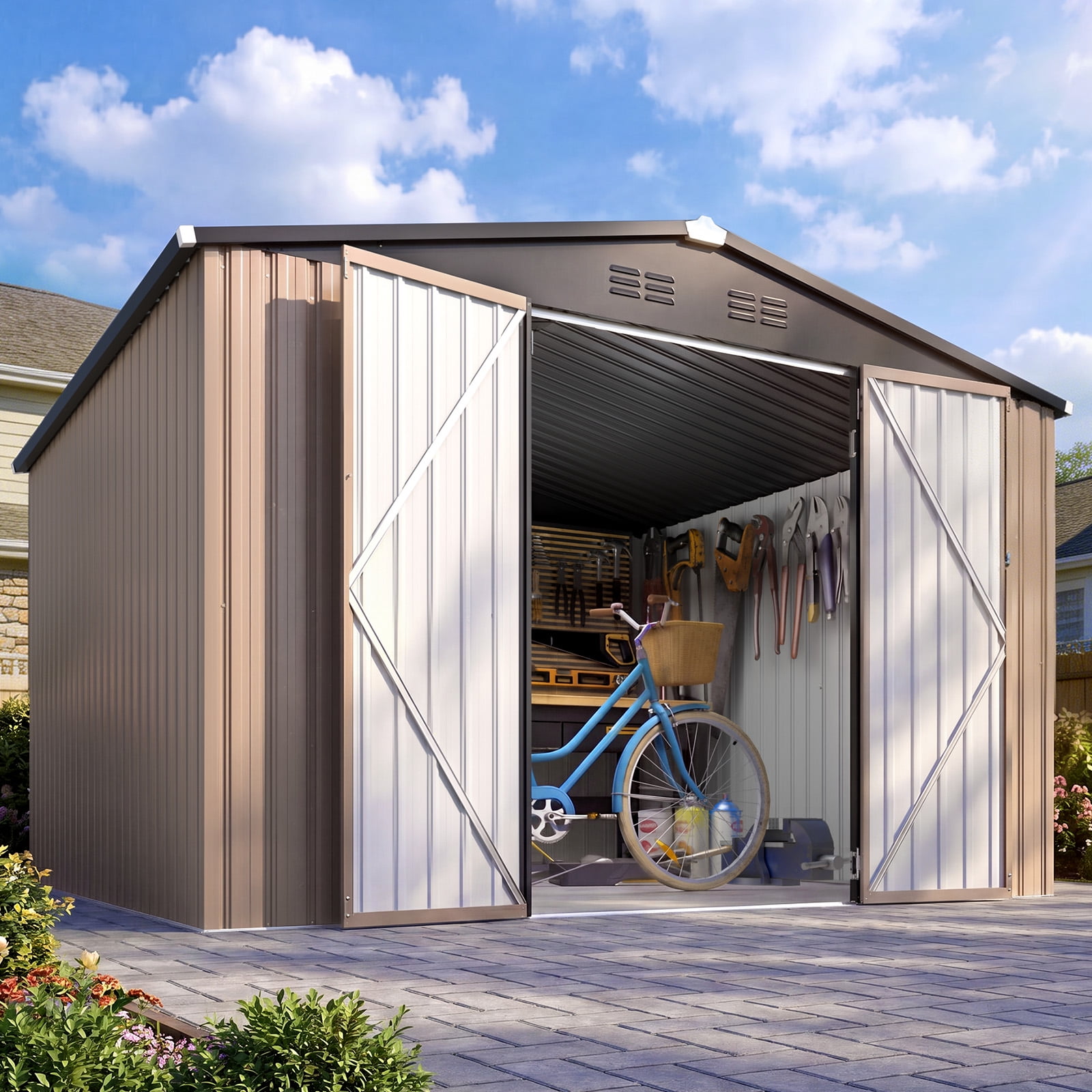 YODOLLA 10' x 8' Outdoor Metal Storage Shed in Brown Patio Storage Building with Lockable Door for Garden, Backyard