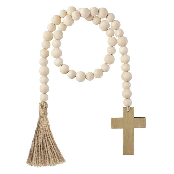 Easter Wood Bead Garland Farmhouse Decorative Wooden Beads Prayer Beads Tassel Garland Wall Hanging Decoration with Cross for Tiered Tray