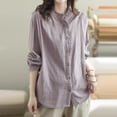 thumbnail image 5 of YUEHUA Women's Linen Blend Ruffle Trim Button Up Shirt, High Neck Long Sleeve Loose Fit Blouse, Vintage Style Casual Top, 5 of 8