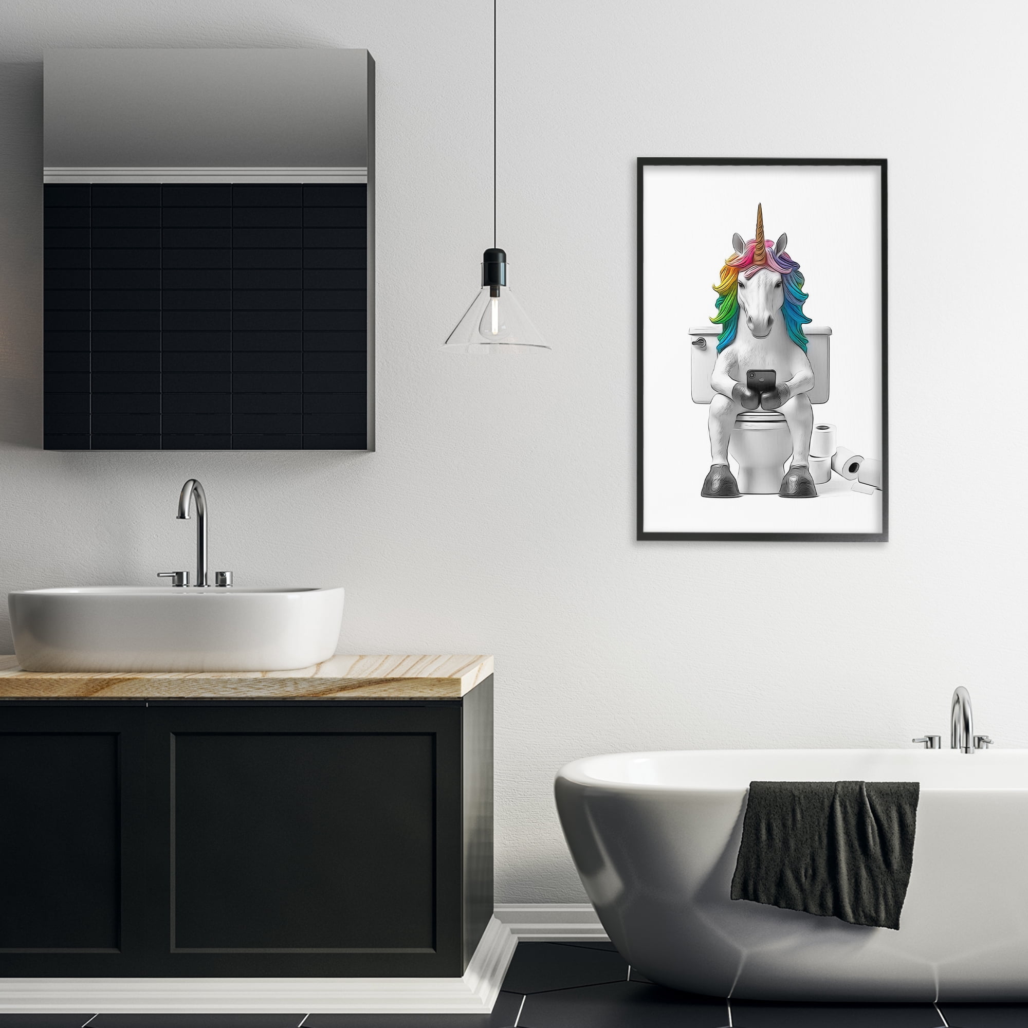 Stupell Industries Unicorn Texting on Toilet Typography Painting Black Framed Art Print Wall Art, 20 x 30