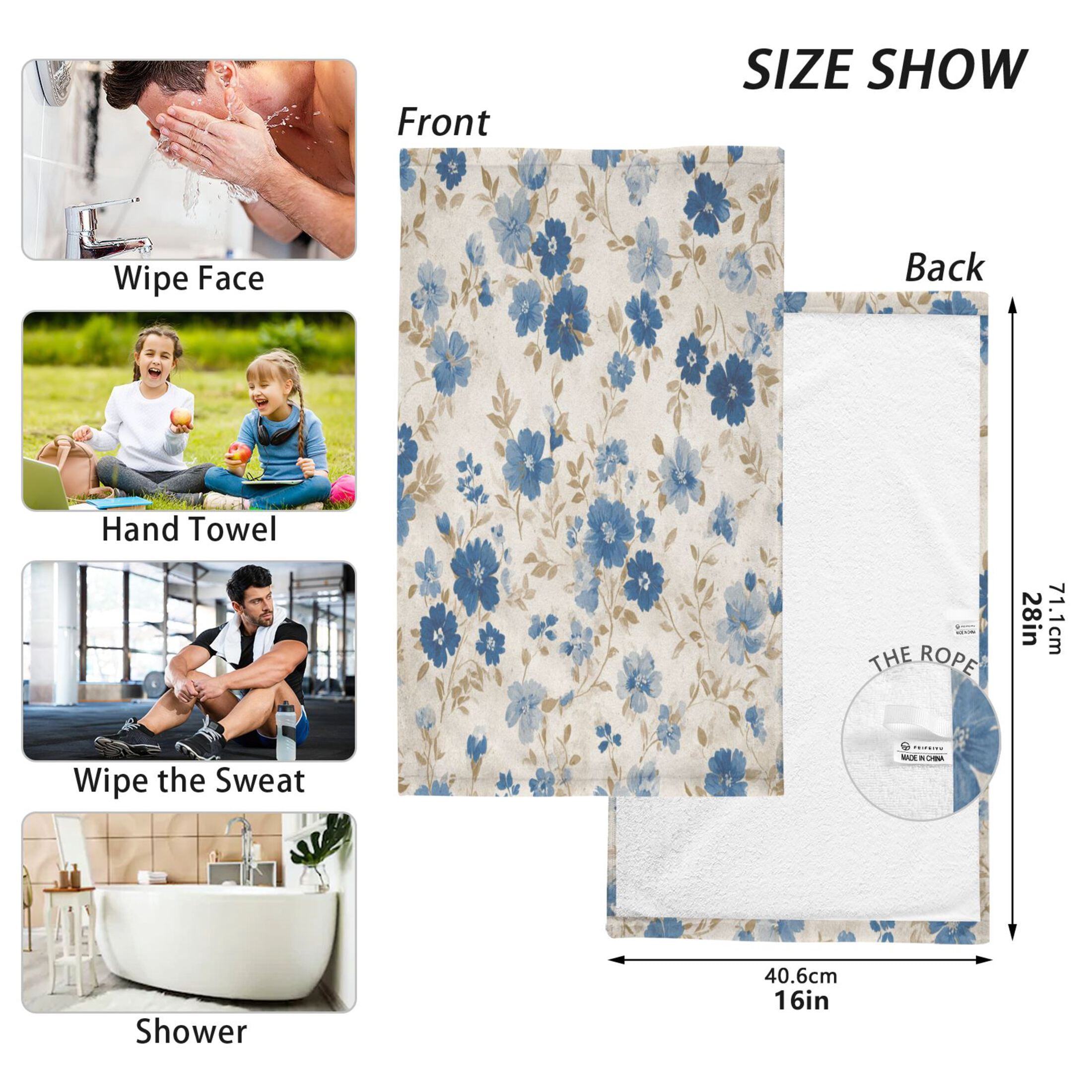 2 Pieces of Cotton Towel Face Towel Set Hand Towel Bath Towel Cotton Bath Towel Sets Shabby Chic Floral Beige Cream