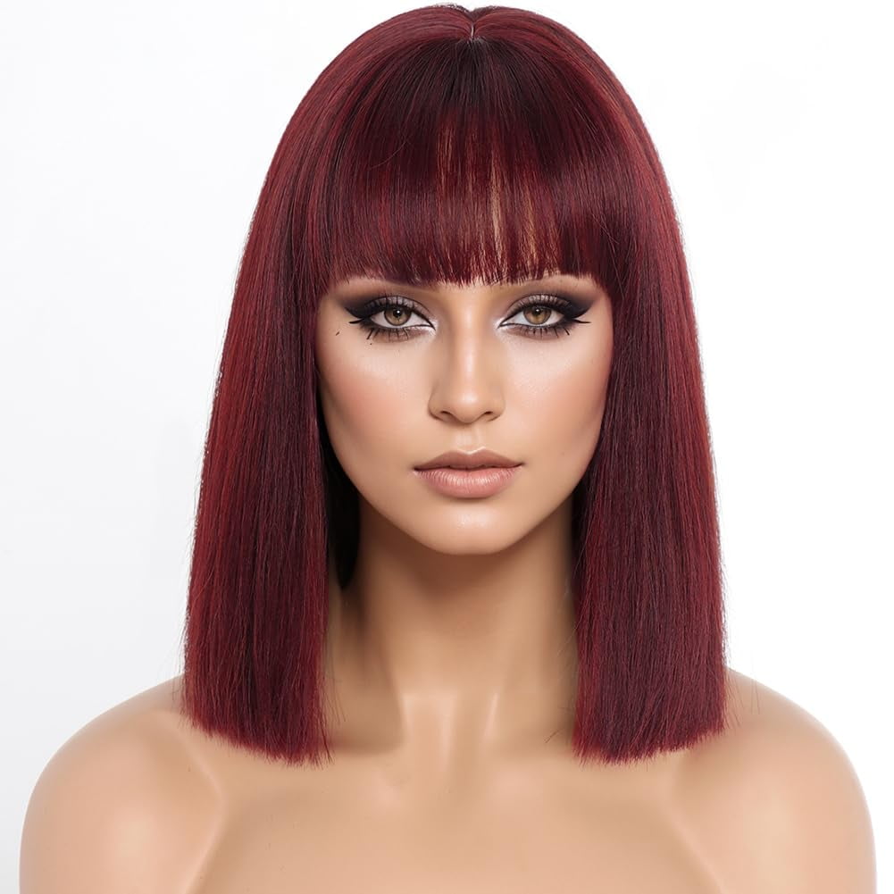 SUCS Short Burgundy Bob Wigs with Bangs,Short Straight Bob Wine Red Wigs for Women Hair Bob Cut Wig Shoulder Length Wig,Natural Looking Cosplay Daily Party Wig