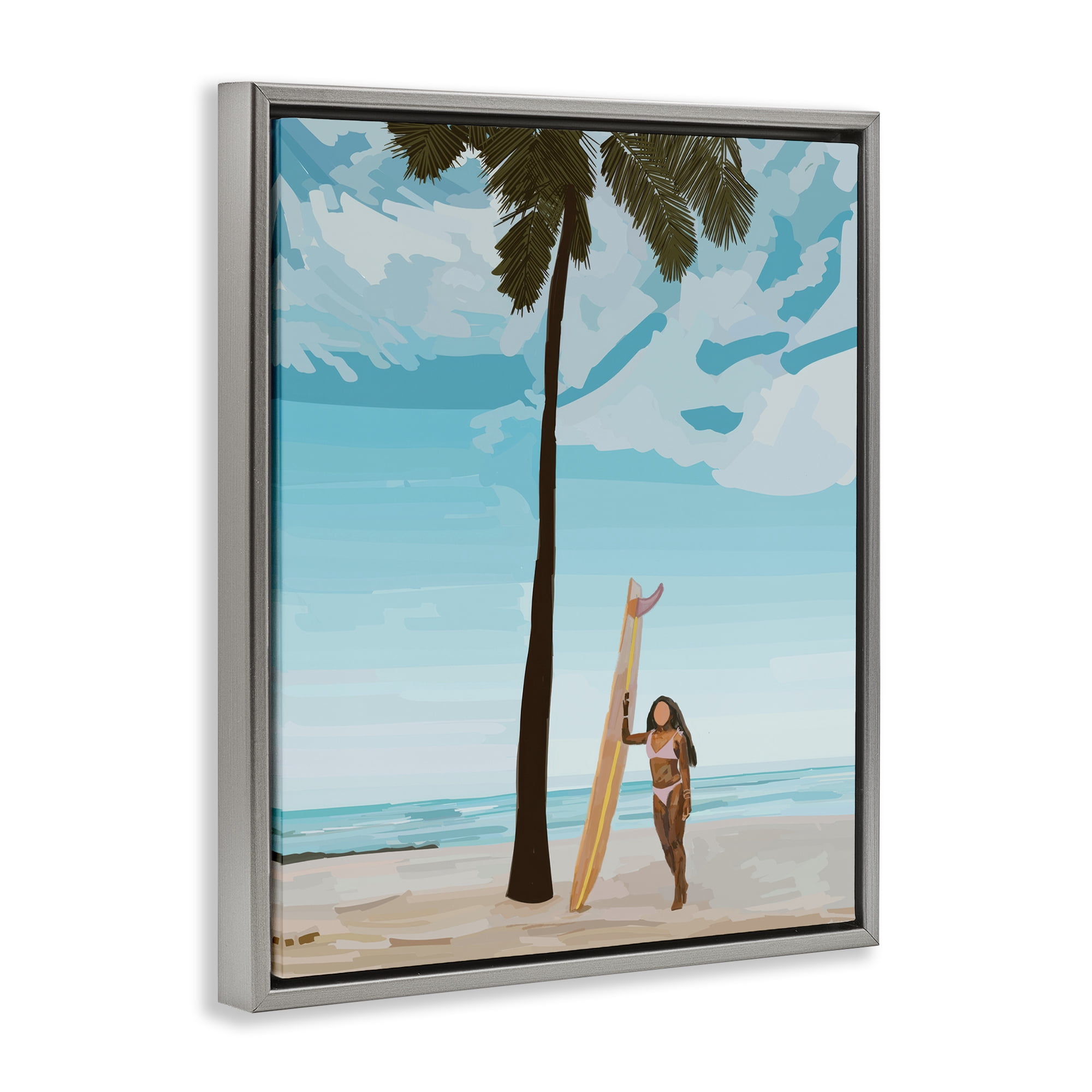 Stupell Industries Tropical Beach Day Girl Nautical & Beach Painting Gray Floater Framed Canvas Art Print Wall Art, 25 x 31