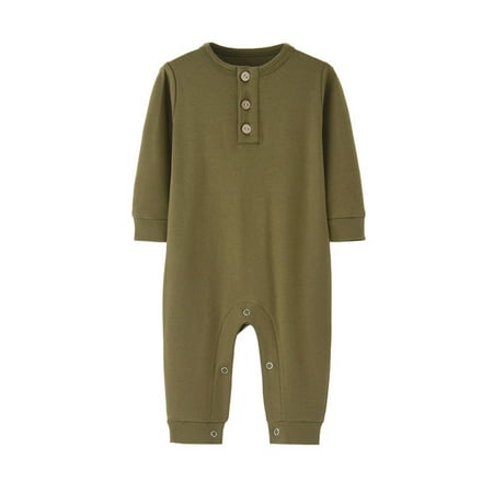 AJTQTH Cute Solid Romper for Toddler Long Sleeve Henley Neck Jumpsuit Button Closure Full Length Bodysuit Summer Casual Lightweight Comfy Cotton Outfits Clothes Army Green 3 Months