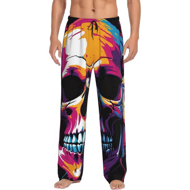 Fotbe Colorful Skull Pantalones de Pijama para Hombre, Pantalones de Dormir, Pantalones de Casa con Cintura Ajustable y Bolsillos-Large