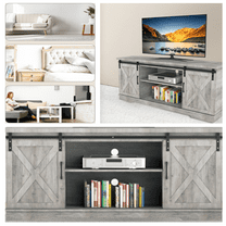 Eastvita Modern Farmhouse Sliding Barn Door TV Stand for 65" Television, 59" Entertainment Center TV Console, Home Living Room Storage Table with Movable Shelf (Stone Grey)