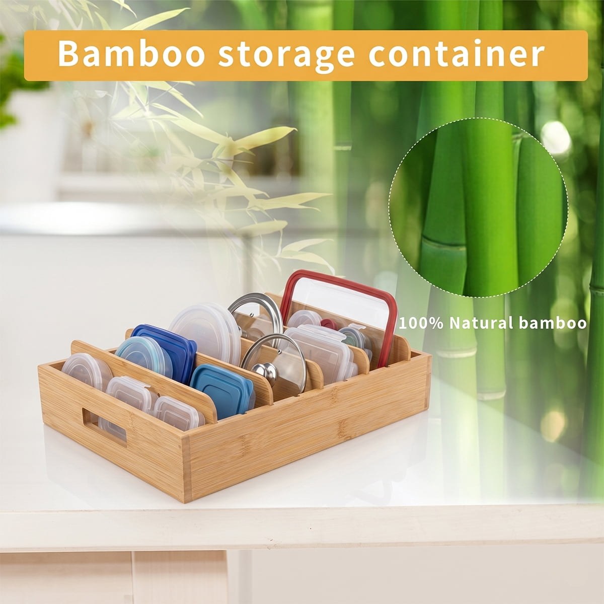 Kitchen Cabinet Organizer for Food Storage Container Lids with Adjustable Dividers Bamboo Drawer Caddy Box for Kitchen Storage And Organization