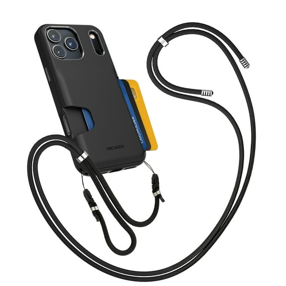 Encased for iPhone 17 Pro Wallet Case with Adjustable Neck Strap (Cache Series) - Crossbody Protective Phone Case with Built-In Card Holder Slot (Black)