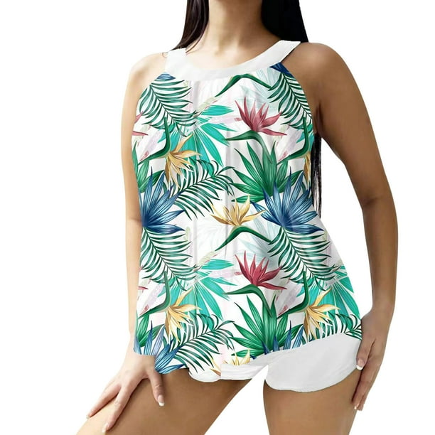 MKLEKYY Trajes De Baño Mujer Curvy Women'S Swimwear Tankini 2 Piece Normal Swimsuit Backless 2 Piece Printing Adjustable Print Color Padded Strap Bathing Suits Sexy Vacation Beach Wear 586