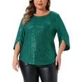 thumbnail image 1 of Blusas de fiesta con brillo para mujer de tallas grandes Agnes Orinda, con mangas de 3/4 y cuello redondo, 2025, 3X, verde, 1 of 6