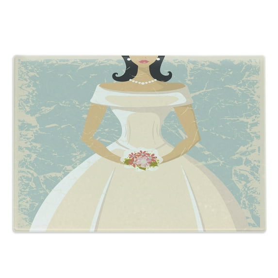 Bridal Shower Cutting Board, Grunge Sketchy Design Backdrop Wedding Bride Dress Vintage Art, Decorative Tempered Glass Cutting and Serving Board, Large Size, Pale Blue and White, by Ambesonne