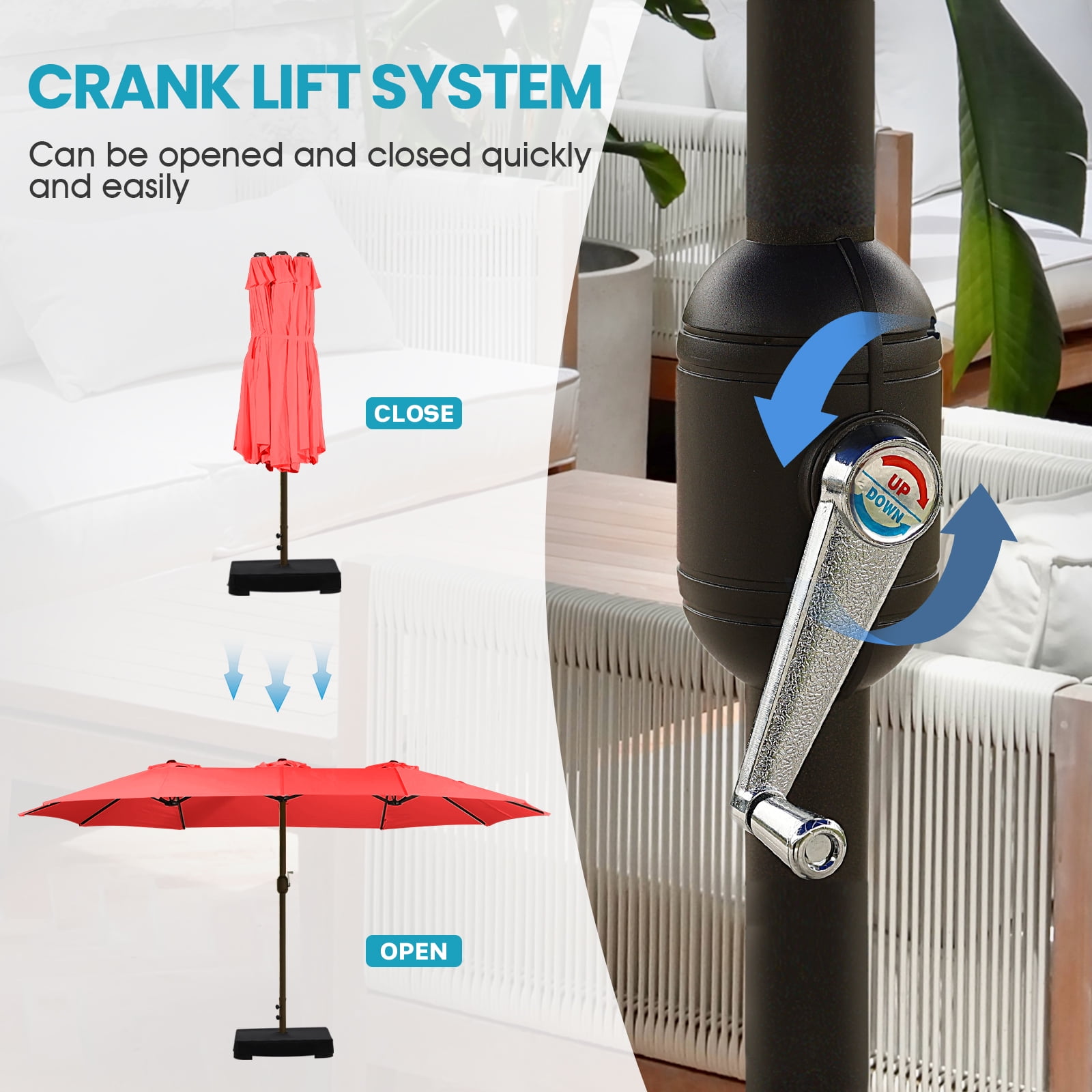 Aoodor 15ft Large Patio Umbrella with Base Stand, Outdoor Double-Sided Rectangle Umbrella - Red