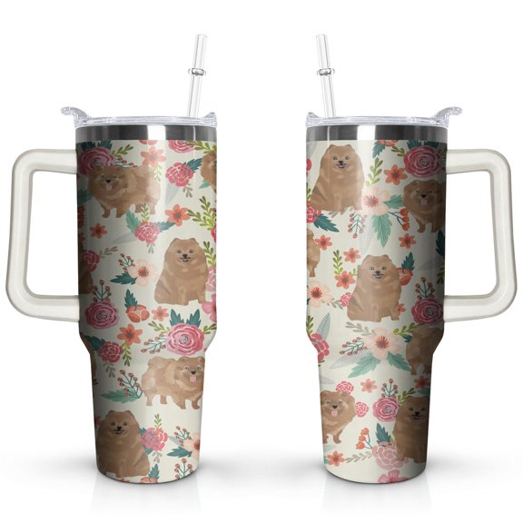 Pomeranian Tumbler - Vacuum Insulated Double Wall Travel Tumbler - Dog Lovers Gifts for Women - Insulated Coffee Tumblers - Handle and Silicone Straws 40 OZ