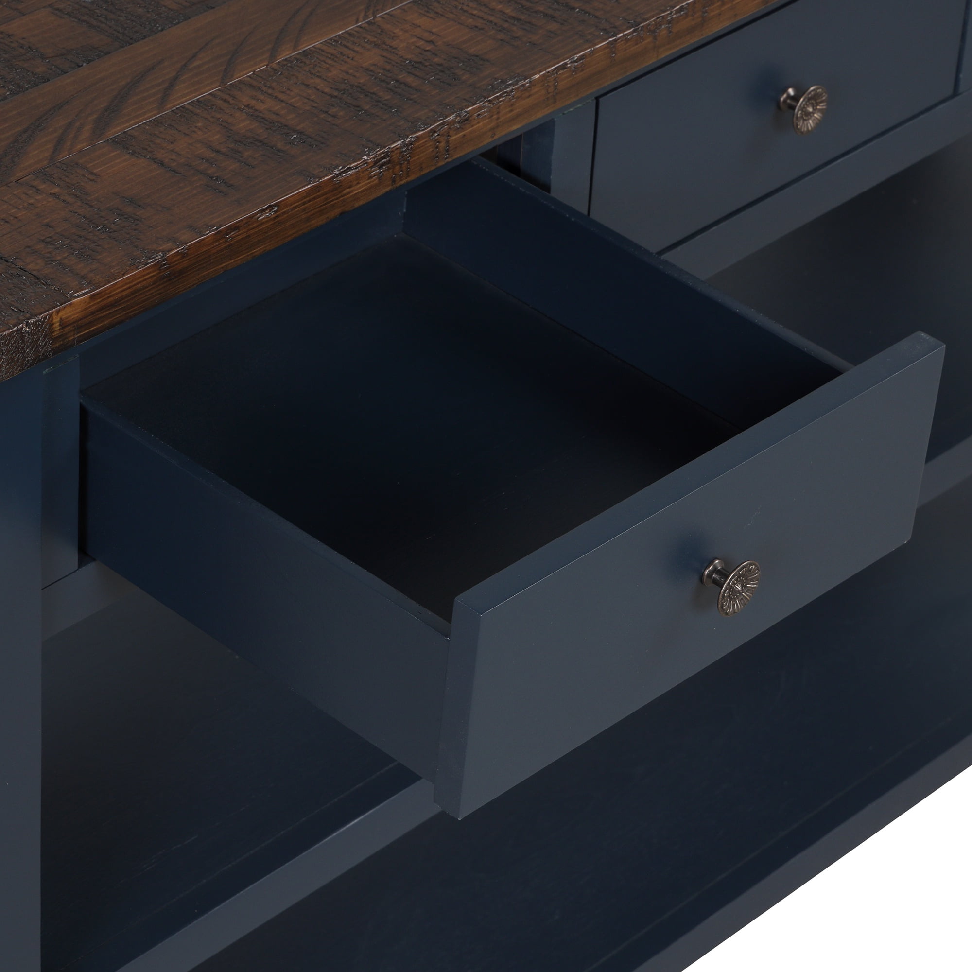 PORKISS Retro Solid Wood Console Table, Entryway Table Hallway Table with 3 Drawers 2 Shelves, Sofa Table for Living Room, Foyer, Blue