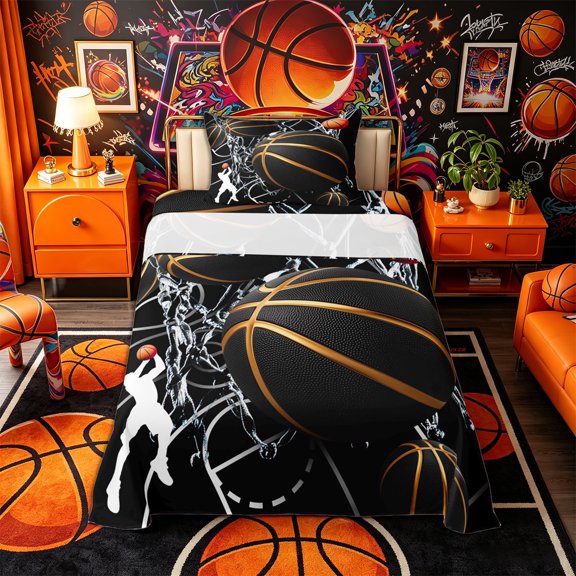 Castle Fairy Basketball Print Twin Sheets 3pcs, Hoop Silhouette Pattern Bedding, Black Gold White,1 Fitted Sheet, 1 Flat Sheet and 1 Pillowcase
