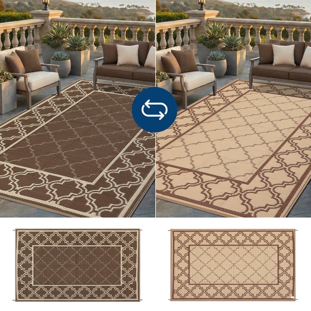 Outdoor Rug – Reversible Waterproof Plastic Straw Mat – Non-Slip Modern Plaid – UV-Resistant, Collapsible & Washable – RV, Camping, Deck, Balcony, Porch & Garden– 9x12ft, Peony Brown/Coffee, USA Spec