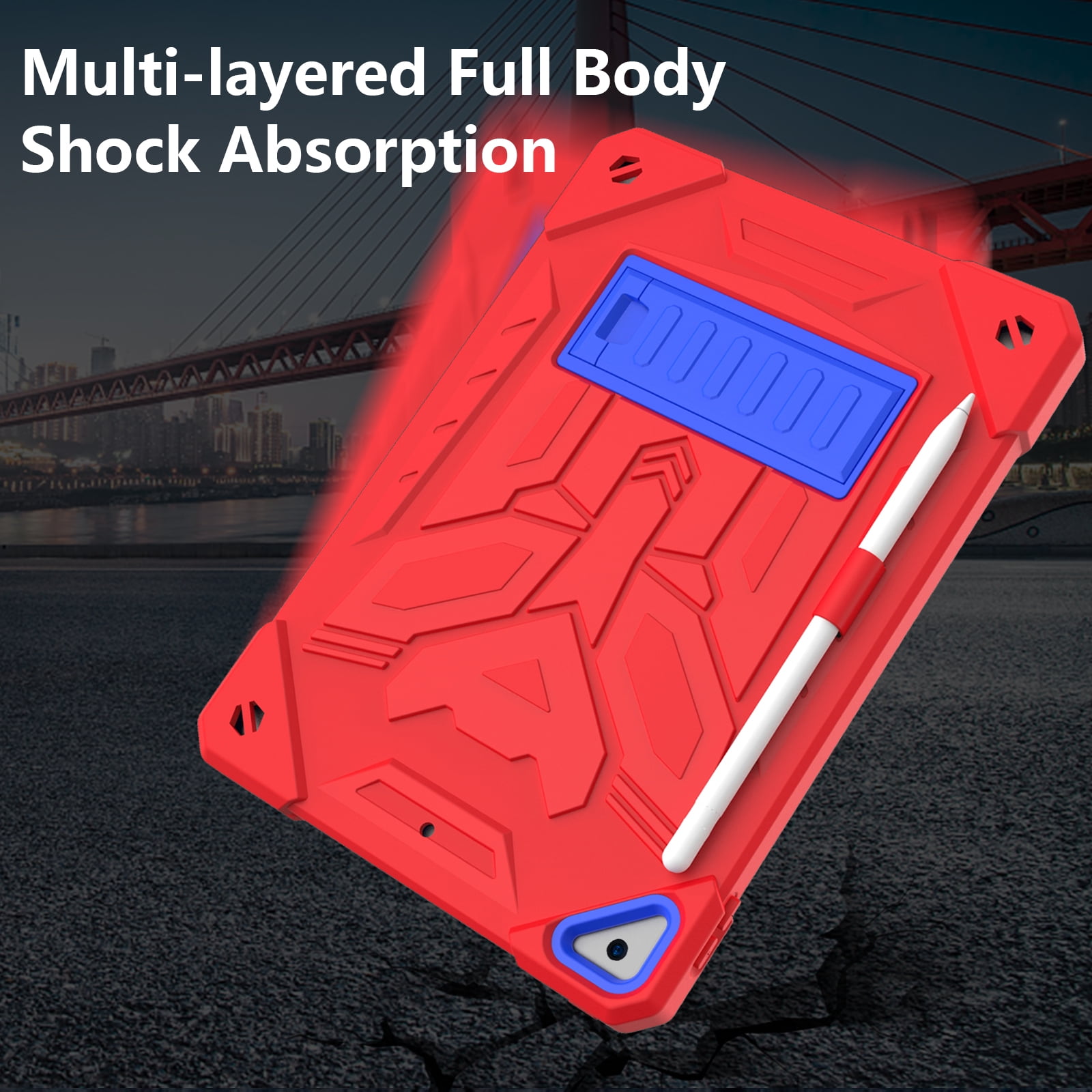 ELEHOLD Hybrid Rugged Case for iPad 9th/8th/7th Gen 10.2 2021/2020/2019, Heavy Duty Shockproof Case with Hidden Foldable Kickstand Adjustable Crossbody Shoulder Strap Pencil Holder,Red