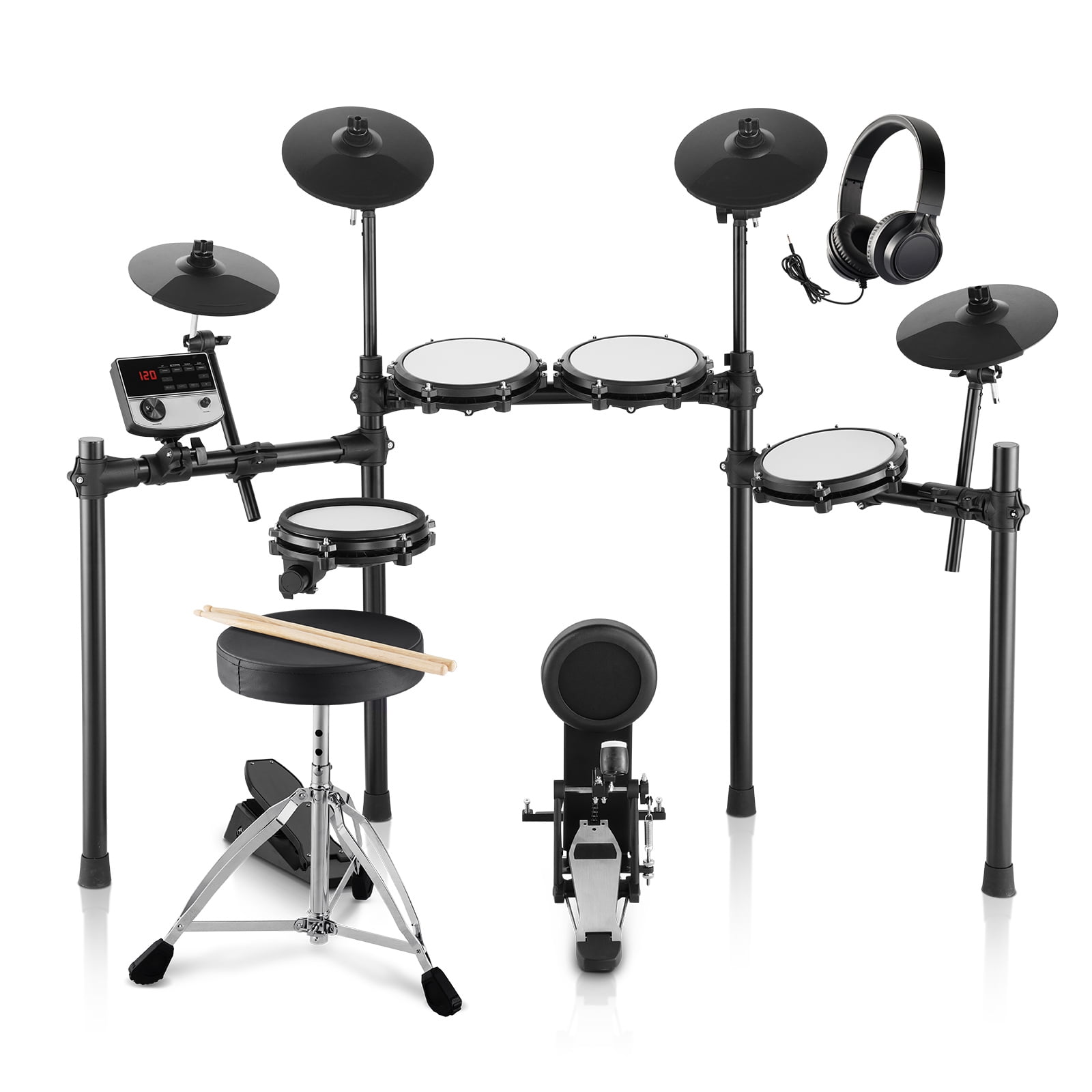 KFFKFF Electronic Drum Set, Collection of 32 Drum Kits & 480 Unique Sounds, 8 in Silent Mesh Snare, USB MIDI Compatible, Comes with 10 in Cymbals, Drum Sticks & Headphones