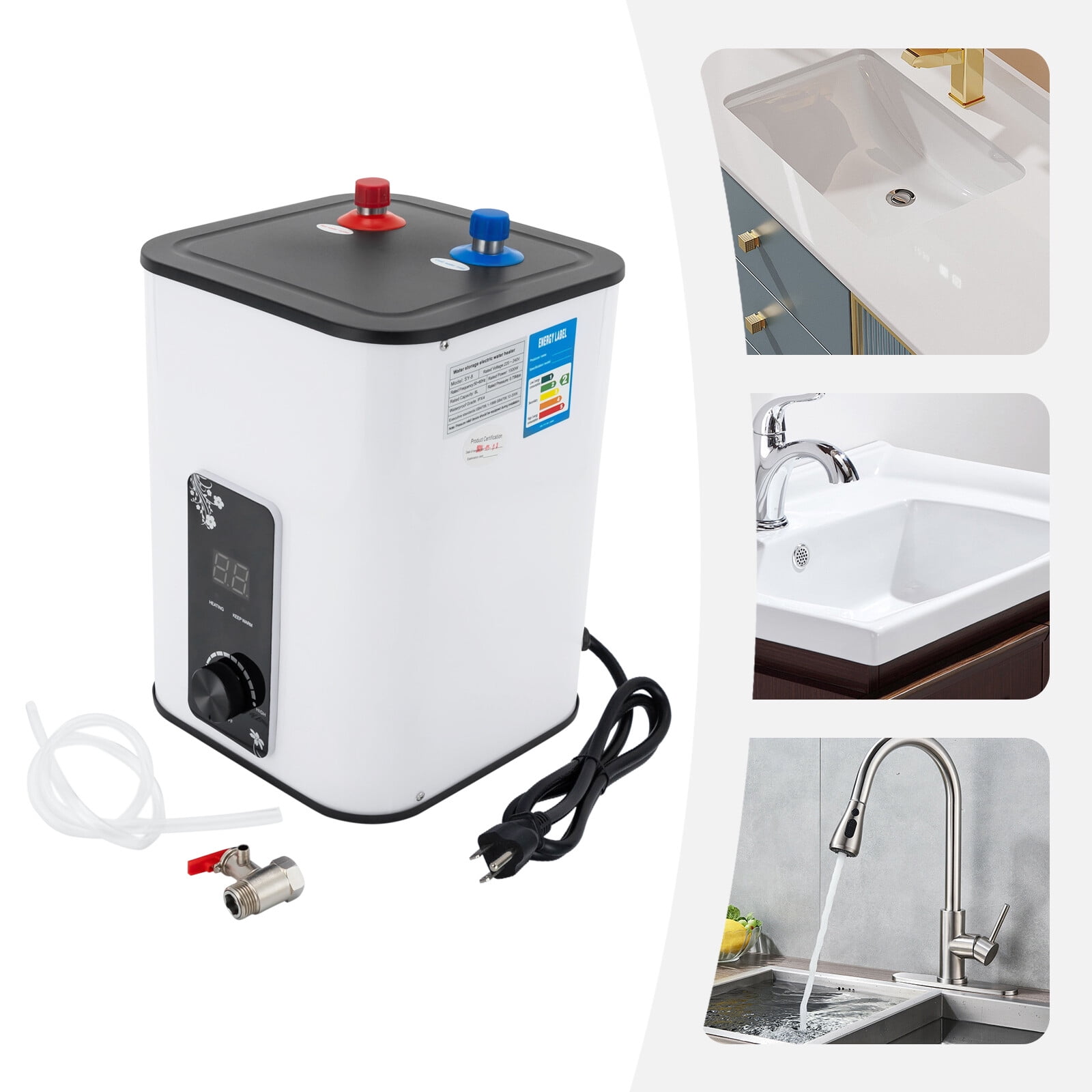 Compact Electric Water Heater 8L,Instant Hot Water Heater 1500W High-Efficiency Stainless Steel Tank Safe & Space-Saving Design for Home Use