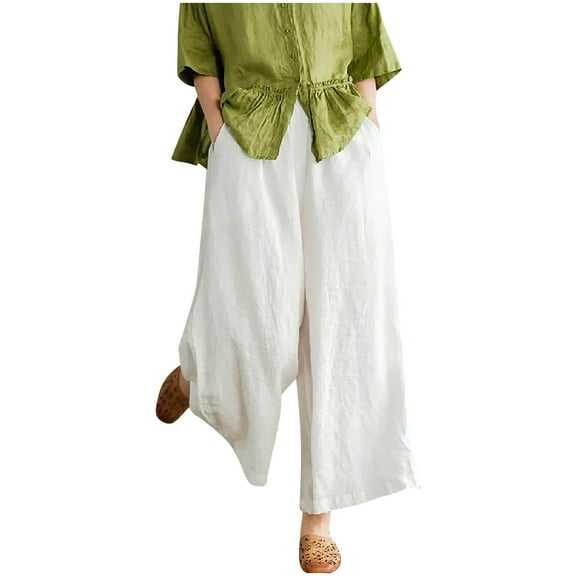 Honeeladyy Linen Pants Women Summer,Pants For Women Casual Summer Elastic High Waist Linen Pant Pockets Cropped Trouser