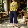 thumbnail image 6 of IUYRTFE Women's Embroidered Short Sleeve Top and Cropped Pants Set with Pockets Cotton Linen Blend Casual Two Piece Outfit, 6 of 7