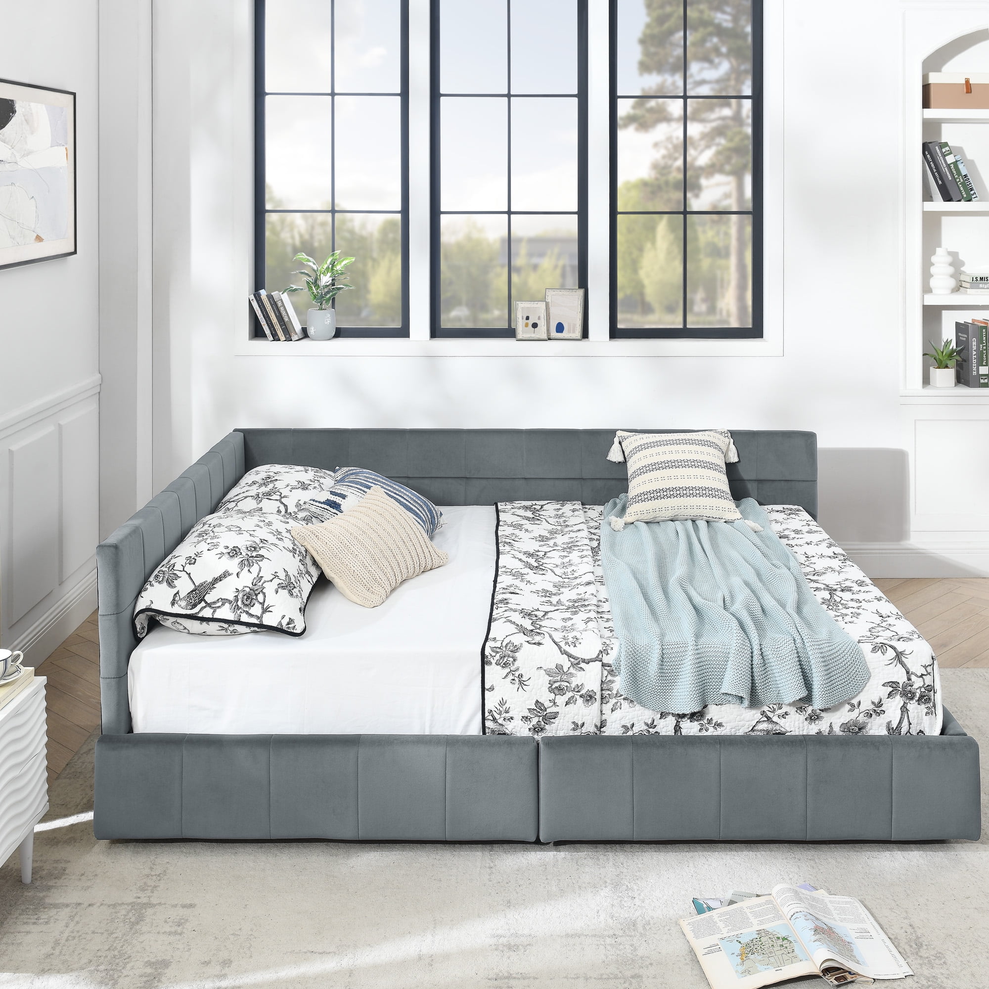 Gewnee Queen Size Storage Upholstered Tufted Sofa Bed Frame with Comfortable Backrest and Armrests for Bedroom