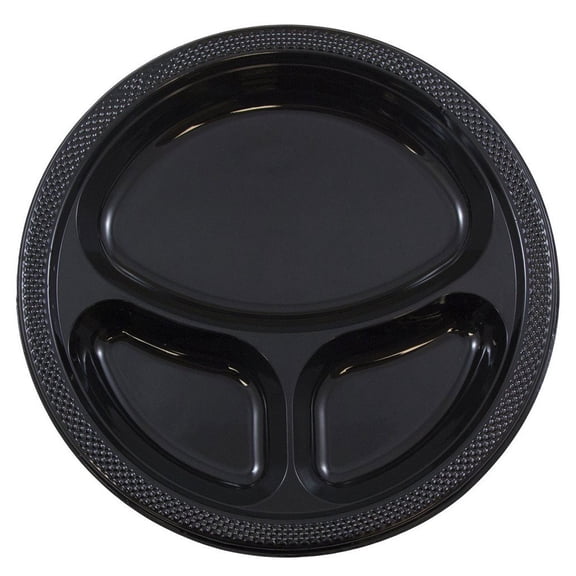 JAM Paper 3 Compartment Divided Plastic Plates, 20 per Pack, Black, Large, 10.25"