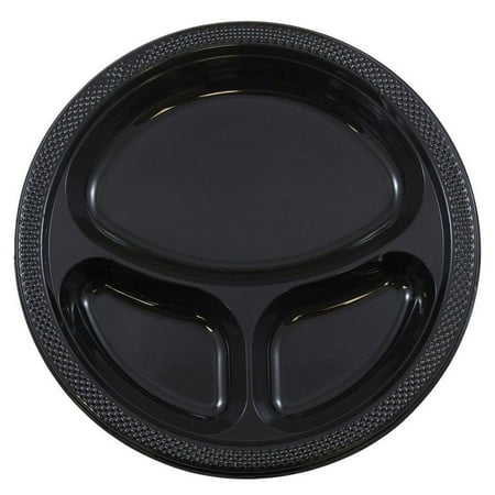 JAM Paper 3 Compartment Divided Plastic Plates, 20 per Pack, Black, Large, 10.25"