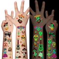 thumbnail image 1 of Tatuajes Temporales Luminosos del Día de los Muertos para Niños - 100 Piezas de Tatuajes Que Brillan en la Oscuridad Pegatinas para Niños y Niñas Esqueletos de Azúcar Piedras Preciosas Rosas Rojas Maq, 1 of 5