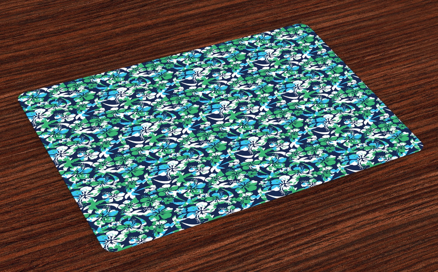 Navy Blue Placemats Set of 4 Hibiscus Flower and Palm Tree Pattern