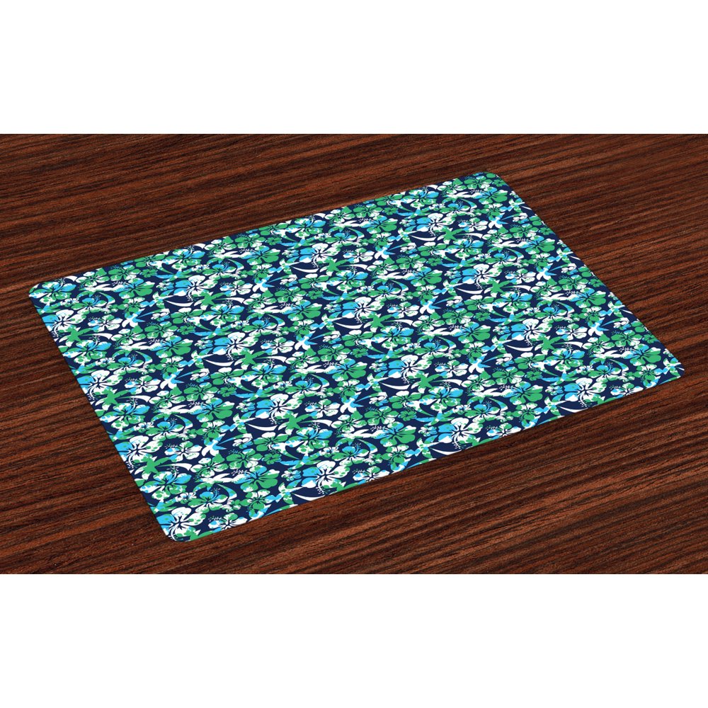 Navy Blue Placemats Set of 4 Hibiscus Flower and Palm Tree Pattern
