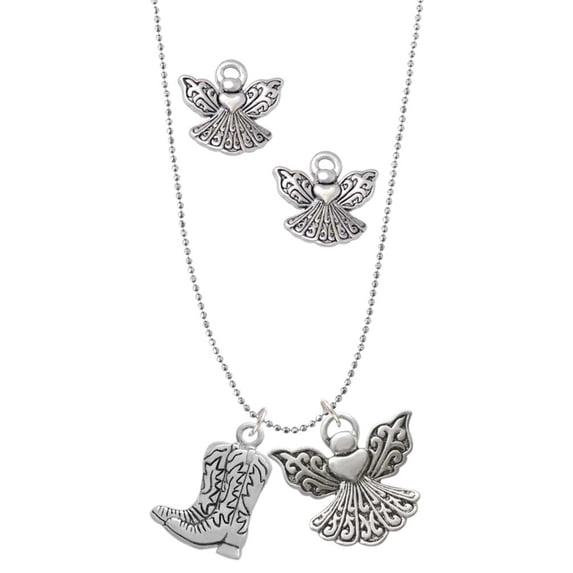 Delight Jewelry Silvertone Cowboy Boots Silver tone Guardian Angel Charm Necklace and Stud Earrings