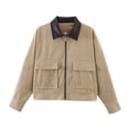 thumbnail image 2 of Smsaxvxz Womens Cropped Jacket Casual Corduroy Collar Barn Coat Lightweight Utility Zip Up Baseball Jacket with Pockets Khaki XS, 2 of 10