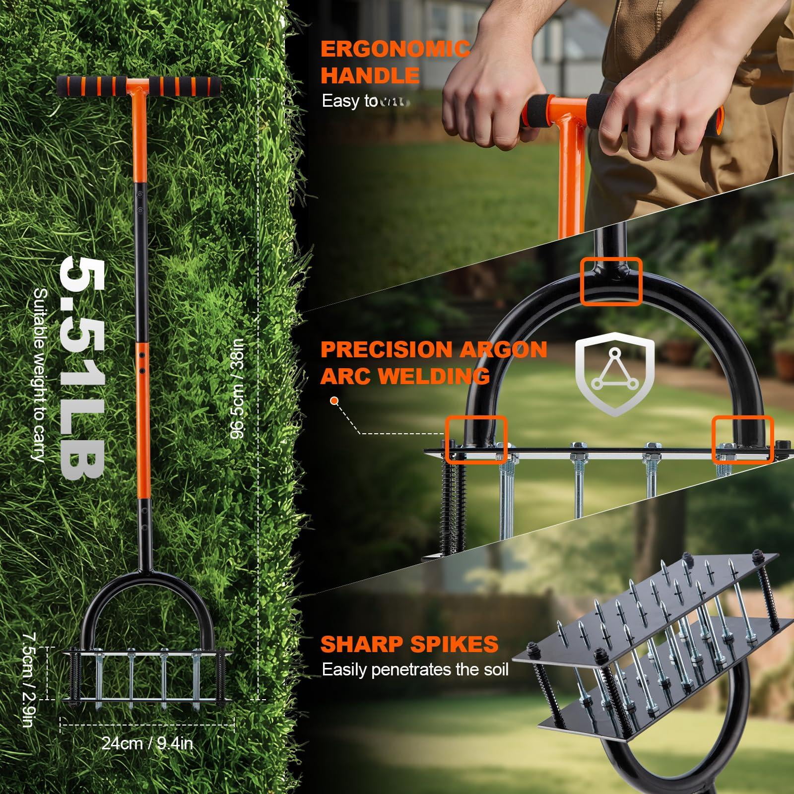 Lawn Aerator Tool - 16 Iron Spikes With T-handle  Automatic Dirt Clean For Soil Loosening & Yard Aeration Manual Metal Grass (black Orange)