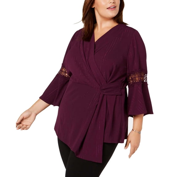NY Collection Plus Size Faux Wrap V Neck Top Grape Marramas 2X
