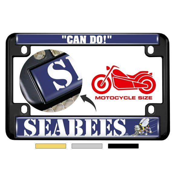 [Officially Licensed Product] - Motorcycle Domed Custom-Made Personalized Metal License Plate Frame Frame with U.S. Navy Seabees Naval Construction Battalions Design - Black