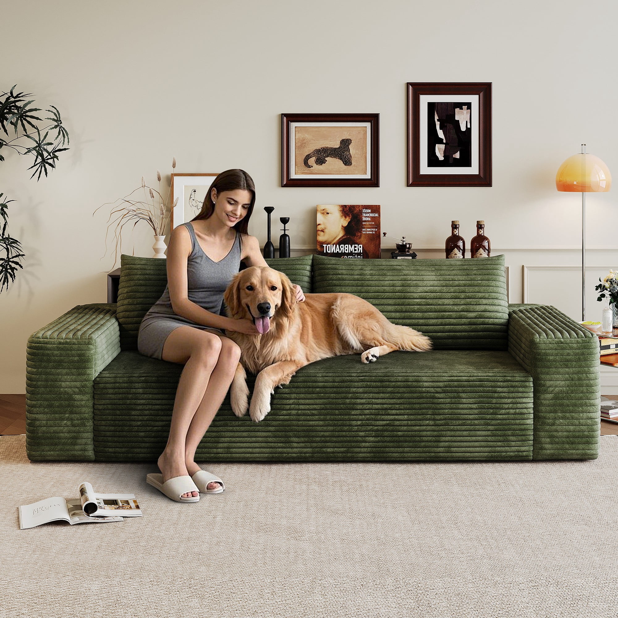 71" Corduroy Deep Seat 3 Seatser Sofa, No Assembly Comfy Couch for Living Room Bedroom Apartment, Green