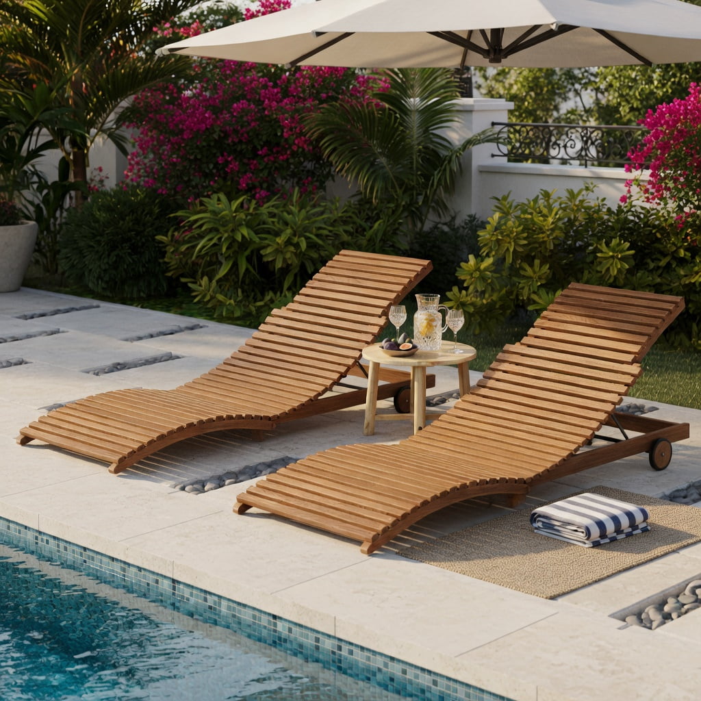 Hommoo Teak Wood Folding Chaise Lounge Chair for Patio, Backyard & Poolside, Slatted Design, Easy-Store Outdoor Recliner, Natural