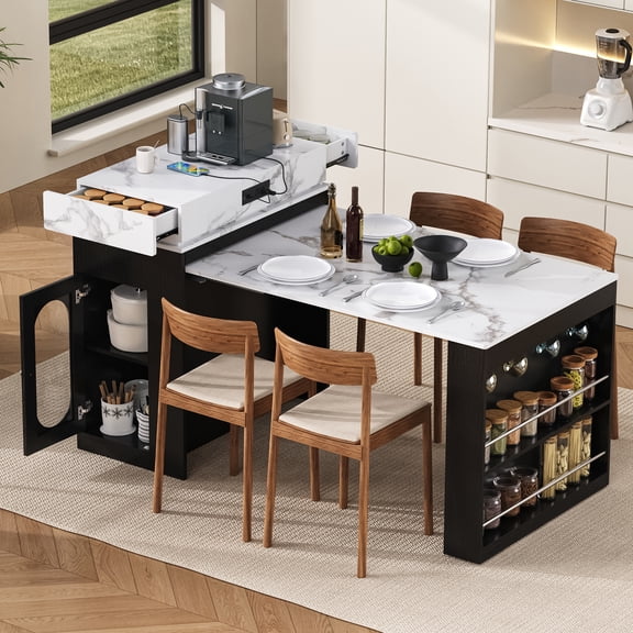 Euroco 57.7" Kitchen Island with Extendable Dining Table for 4,Rolling Mobile Kitchen Storage Table with 2 Drawers, Power Outlet,Hooks and Side Open Shelves, Kitchen Cart for Dining Room,Black