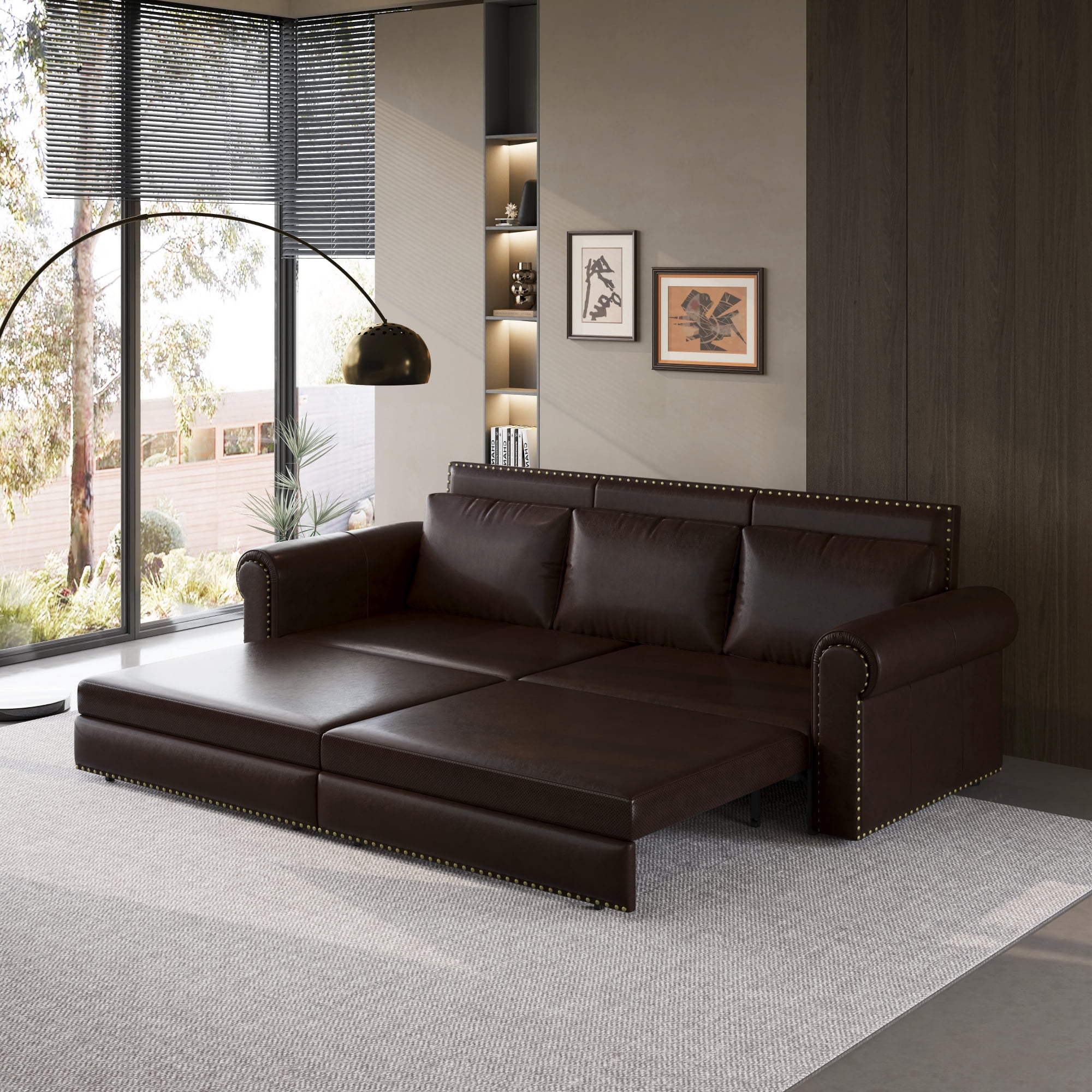 LLappuil King Size Pull Out Sofa Bed, Oversized Loveseat Sofa Convertible Sleeper Sofa Bed, Faux Leather Sofa Couch for Living Room Apartment Dark Brown