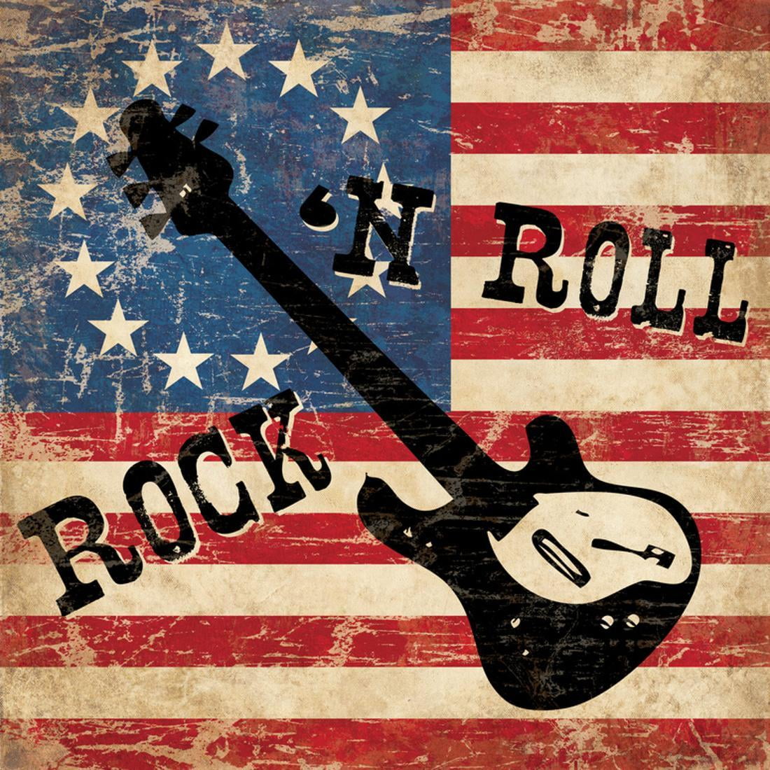  Rock N Roll  Americana Guitar and Flag Print Wall Art By N  