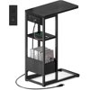 C Shaped End Table with Charging Station Small Side Table for Couch Recliner Slide Under Sofa Desk Snack Tables with Storage Bag & AC / USB Outlet Small Spaces Drink Tables for Liv