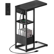C Shaped End Table with Charging Station Small Side Table for Couch Recliner Slide Under Sofa Desk Snack Tables with Storage Bag & AC / USB Outlet Small Spaces Drink Tables for Liv
