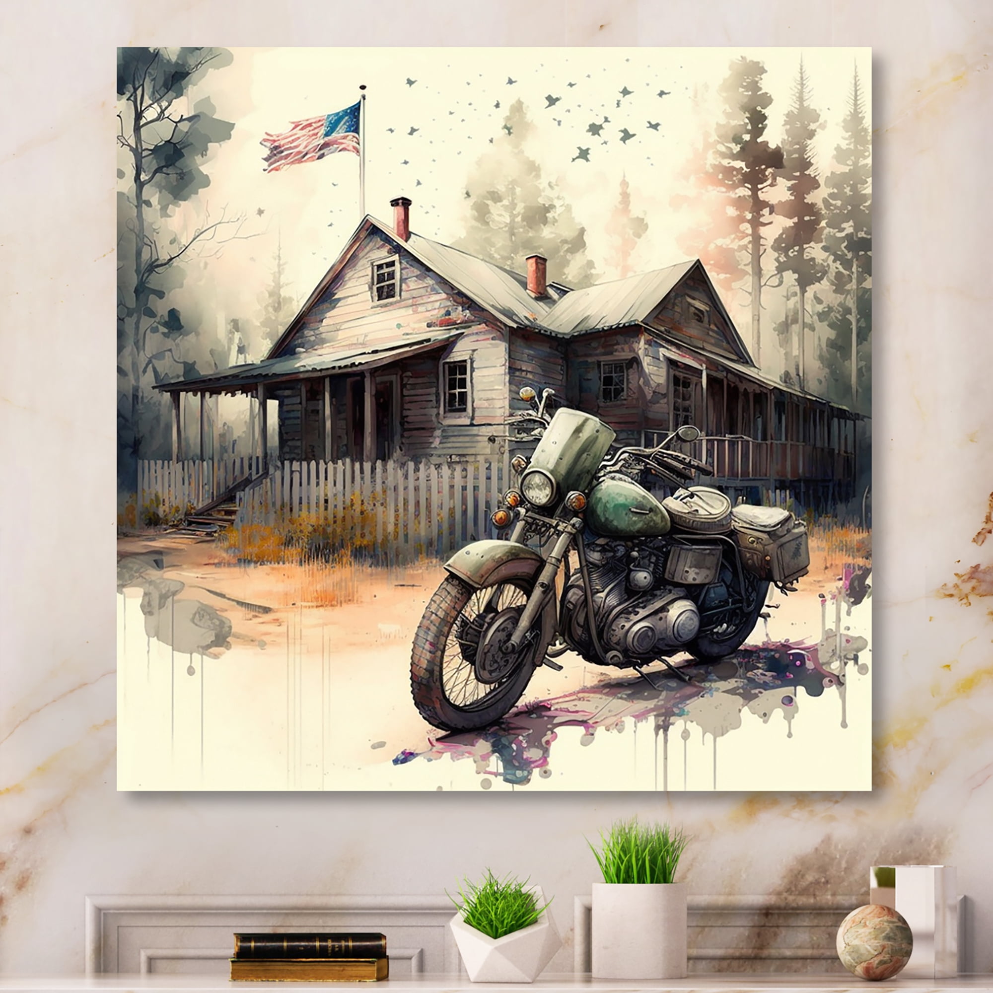 Designart Motorcycle Parked At The Cabin IV Canvas Wall Art