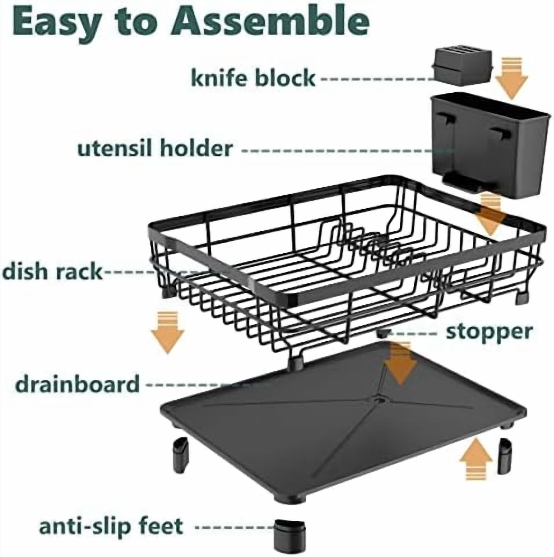 Iron Dish Drying Rack with Drainboard Dish Drainers for Kitchen Counter Extendable Spout Strainers with Utensil Holder and Knife Slots, Black