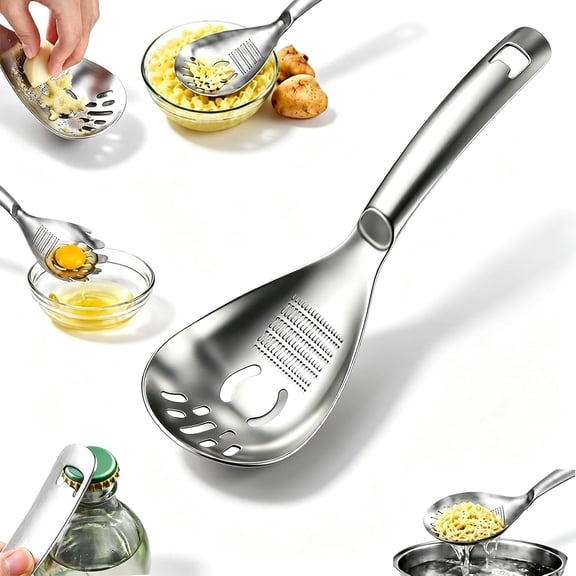 5 in 1 Stainless Steel Multifunctional Cooking Spoon - Stainless Steel Multifunctional Kitchen Spoon, Egg‑White Separation, Ginger Grinding, Potato Mashing, Food Straining & Bottle Opening