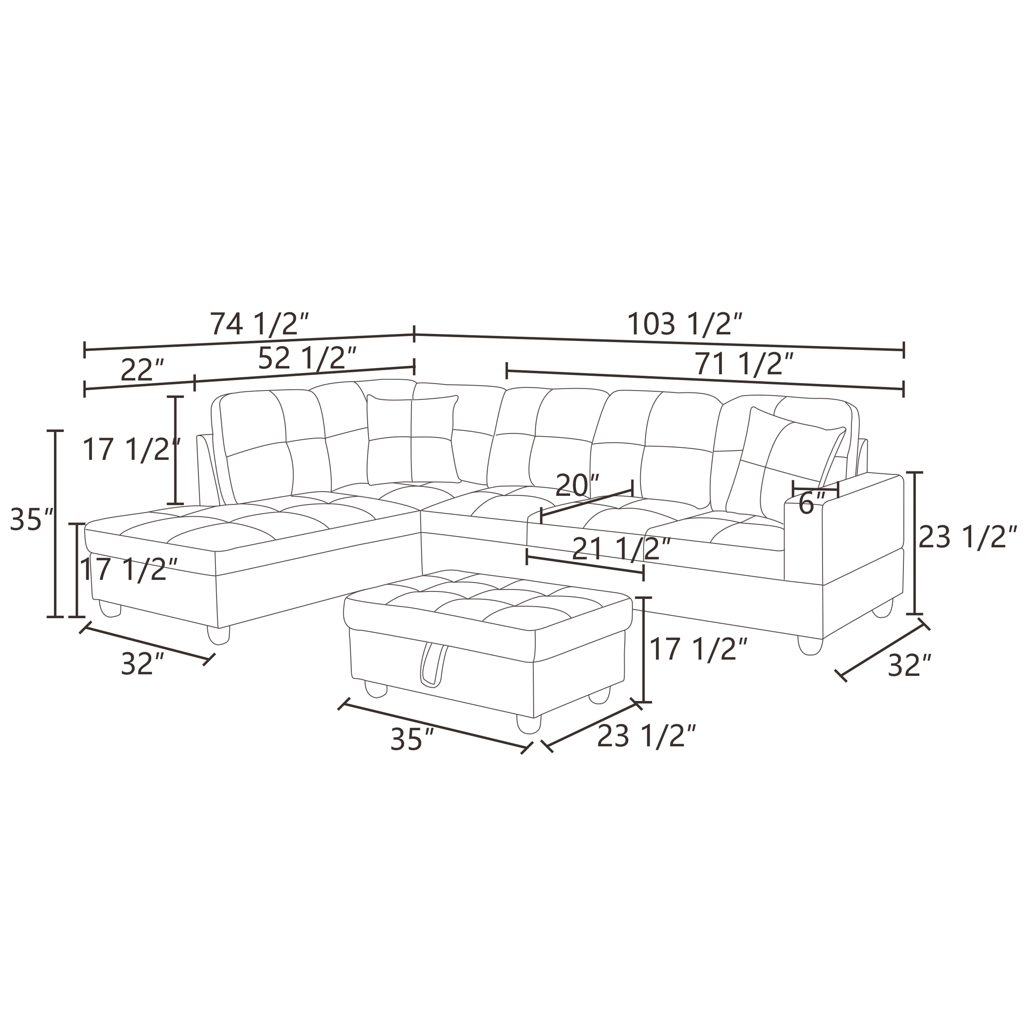 Wzlam Sectional Sofa Modern L Shaped 6 Seat with Storage Ottoman Couch Set, Faux Leather Sofa, White, Right Chaise