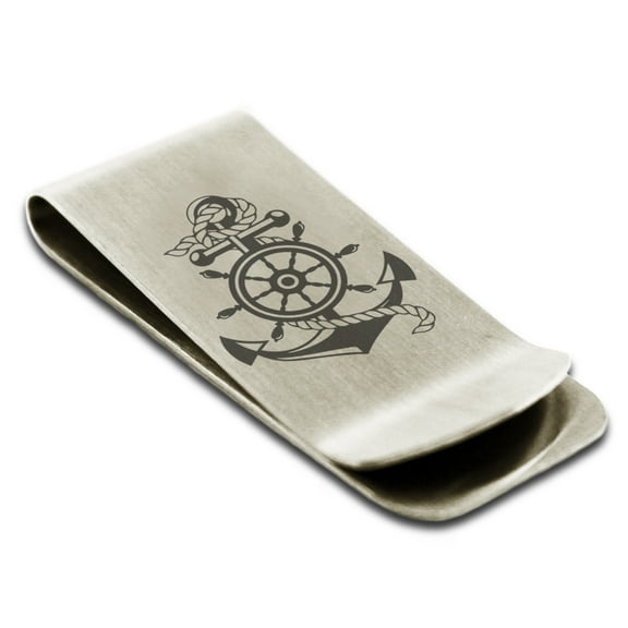 Stainless Steel Nautical Ship Helm & Anchor Engraved Money Clip Credit Card Holder