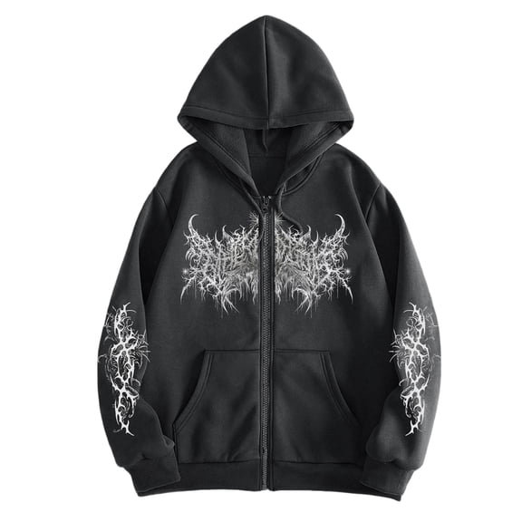 Unisex Y2K Zip Up Hoodie Gothic Print Hooded Sweatshirt Oversized Hooded Cardigan Sweat Jacket Emo Alternative Clothes
